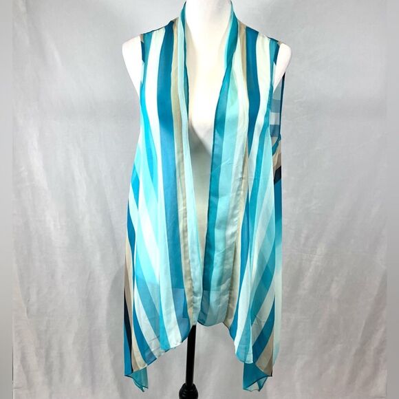 Chicos Easywear Aqua white and mocha striped chiffon kimono top size 2 (large) - Picture 2 of 5